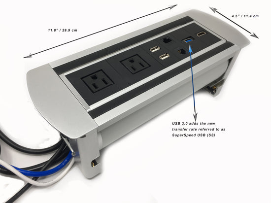 Power Plug In-Desk Power Center Table Top Grommet Furniture Power Data Center Conference Table Connectivity Box HDMI USB Data, 1 CAT6/TYPE-C FAST CHARGING-1 PASS THRU- DC-101 (Silver/Black In-Lay)