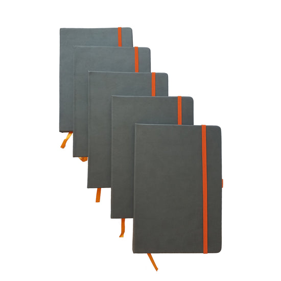 ImpecGear Classic Notebook Writing Journal 5.5 x 8.25 FREE PEN (Pack of 5 -  Black, Gray & Orange, Gray & Black, Gray)