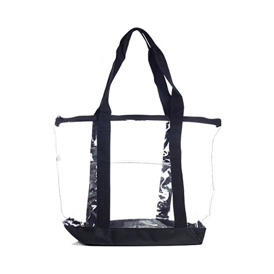 Clear Stadium Security Travel & Gym Zippered Tote Bag By Bags For Less – Sturdy PVC Construction, Black Trim, Full Zipper Top Gusset – Clear Front Pocket – Color Fabric Bottom & Long Handles