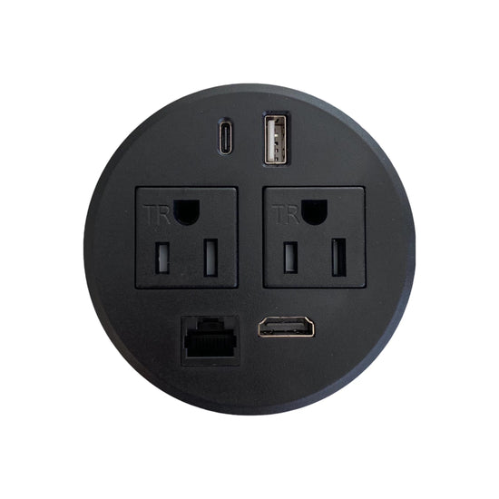 Round Desktop Conference Room Power Grommet Outlet, FITS 3 1/8" - 3 1/4" 2 (TR) AC Outlets, 2 USB Charging Ports, 1 CAT 6, 1 HDMI, ETL Listed DC8689