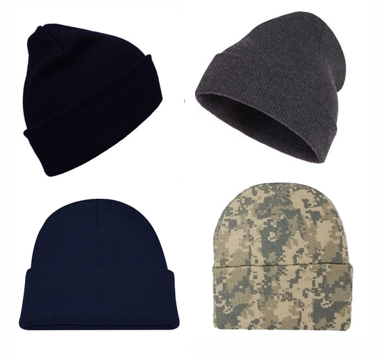 SET OF 4 BEANIE Warm Winter Beanies Hats Cap Toboggans Thermal Knit Cuff Acrylic Ski hats 12" (Navy+Black+Gray+Camo)