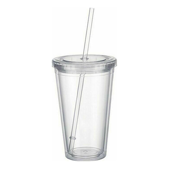 Tumbler Cup With Straw Reusable Double Walled 16oz Iced Cold Drink Tea Mug