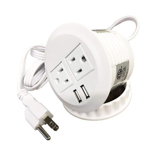 Desktop Power Grommet Outlet Data Center, 2" or 3" Hole No Drilling Required, 2 Outlet W/2 USB Ports(FREE RETURN) (WHITE, SILVER And BLACK - 3" (6ft Power Cord). DC8389